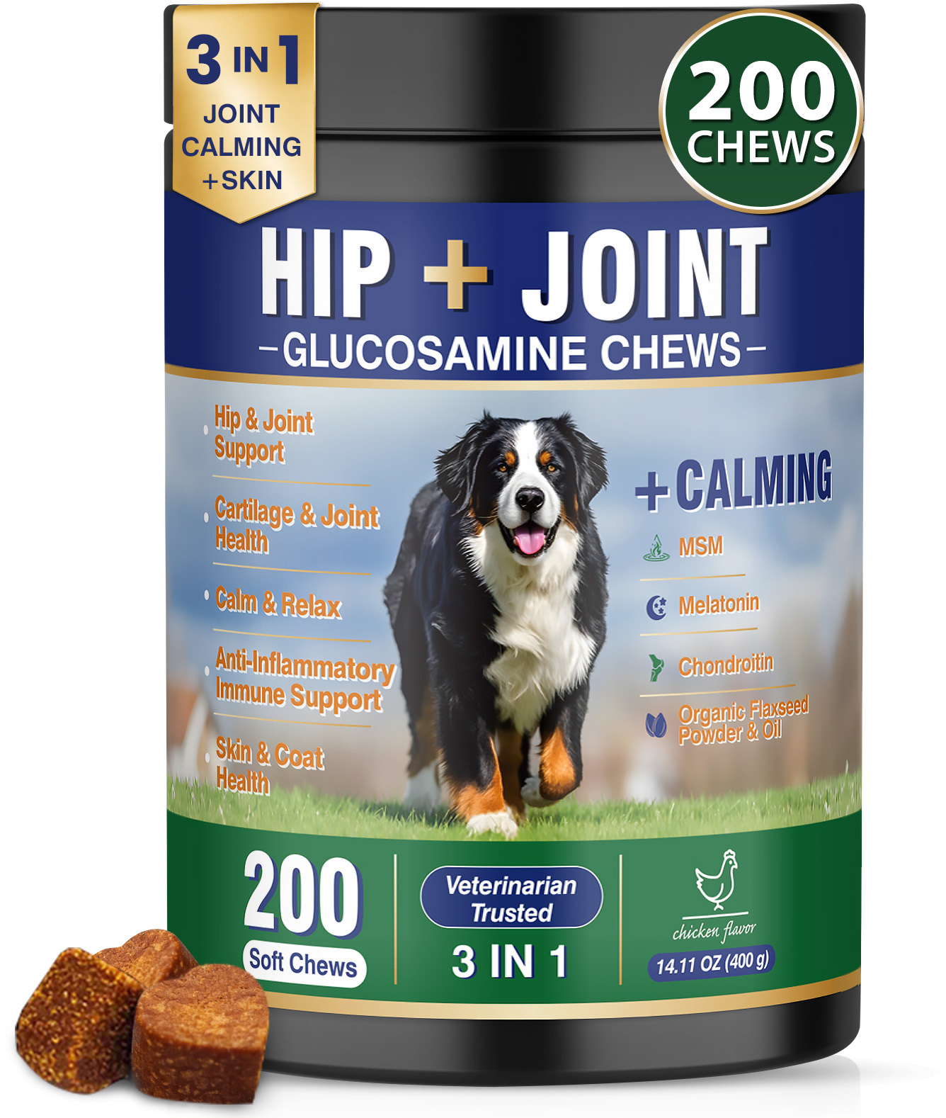 Tciika 3-in-1 Hip + Joint Glucosamine Chews, chicken flavor, 200 soft chews